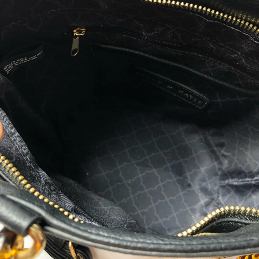 Kelly & Katie Black and Tan Woven Satchel with Tortoiseshell Chain